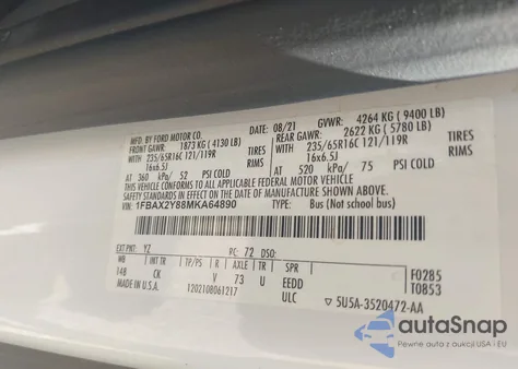 2021 Ford Transit-350 Passenger Van Xlt z USA, uszkodzony, nr VIN 1FBAX2Y88MKA64890